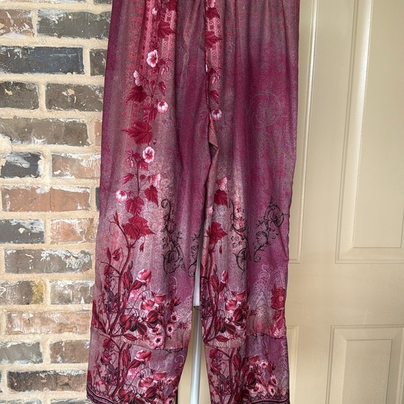 Boho Tulip Ankle Floral Pink & Red Wide-Leg Pants Elastic Waistband Pull-On - Picture 4 of 6